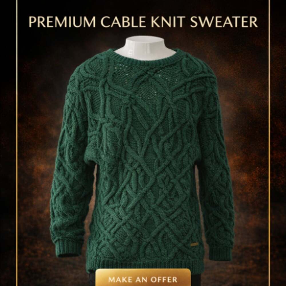 VTG Eddie Bauer Green Cable Knit Sweater M 100% Cotton Fisherman Pullover Jumper